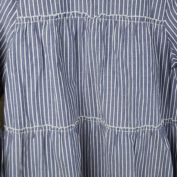 Mittoshop Chambray Blue Stripe Tiered Keyhole Blouse Summer Casual Top Nautical - Picture 5 of 8